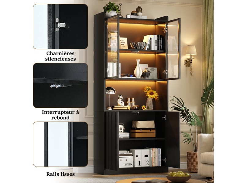 Vitrine double 8 portes, 10 compartiments et éclairage led, étagères réglables, pour salon, noir, 160 × 35 × 200 cm - Conforama E
