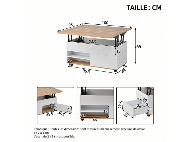 Table basse relevable avec rangement, double plateau, tiroir et roulettes, 100 x 98 x 65, blanc et bois naturel - Conforama E