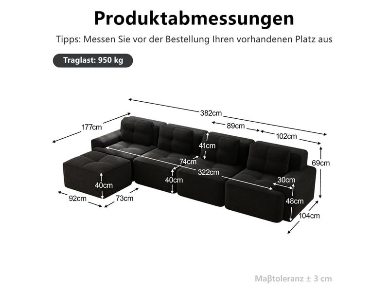  Canapé d'angle modulable 4 places en velours côtelé noir, méridienne gauche et assise profonde de 74 cm  - Conforama C