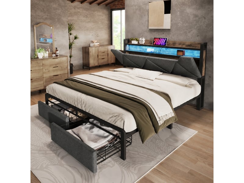 Lit en lin gris avec rangement, 2 tiroirs, led, usb-c et sommier, 160x200 cm - Conforama B