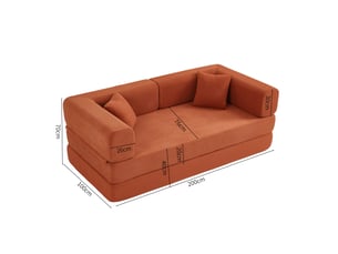 Canapé 3 places, avec fonction couchage, avec coussins, en velours côtelé, coloris orange, l200 x p100 x h70 cm, gain de place