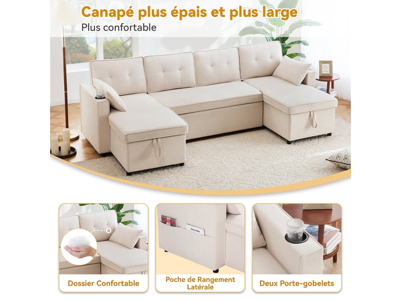  Canapé panoramique convertible en u 4 places 270 cm, rangements latéraux, 2 porte-gobelets et 2 coussins - beige  - Conforama E