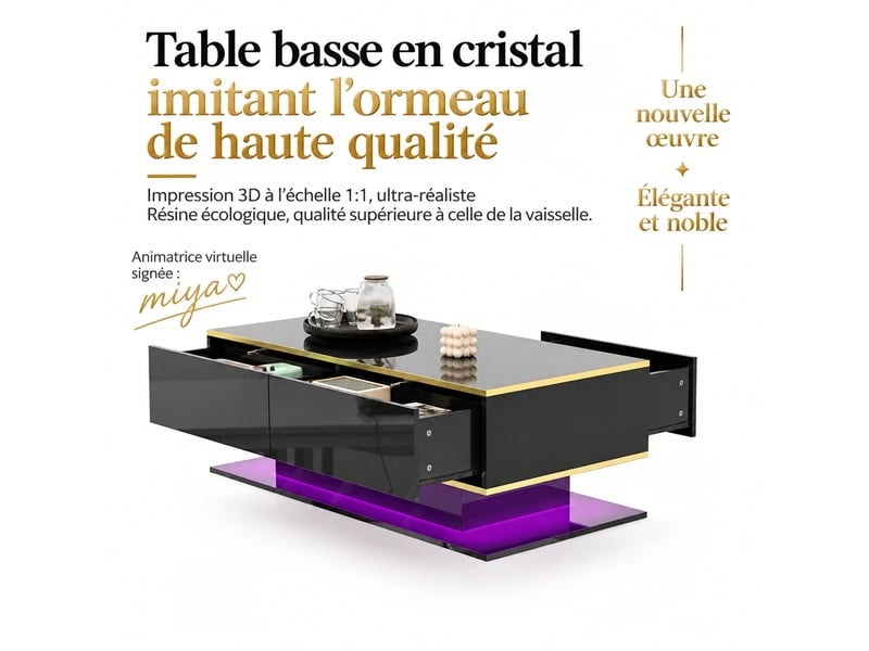  Table basse noire et dorée brillante avec 3 tiroirs et éclairage led, 100 x 50 x 40 cm  - Conforama A