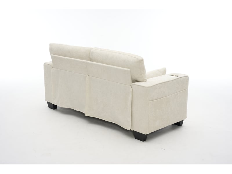  Canapé deux places 182 x 76 x 96 cm beige en tissu chenille, porte-gobelets et poches latérales  - Conforama E