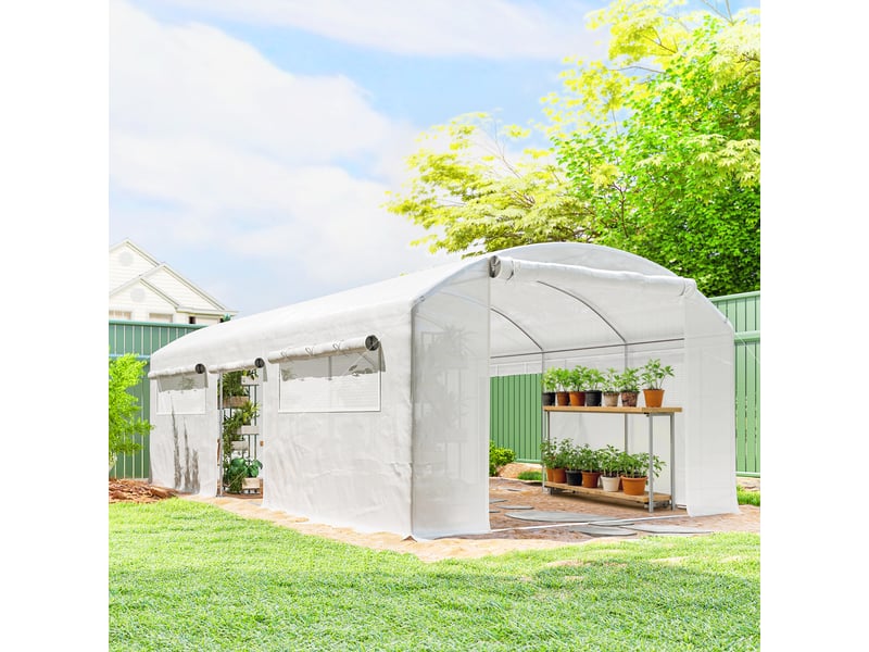  Serre tunnel de 6 x 3 x 2 m avec 3 portes sectionnelles, 6 fenêtres grillagées et structure en acier galvanisé blanc  - Conforama D