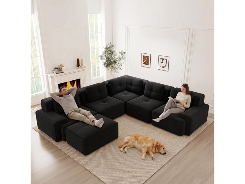 Grand canapé panoramique modulable velours côtelé noir – 295 x 295 x 69 cm Fay Lum - Conforama D