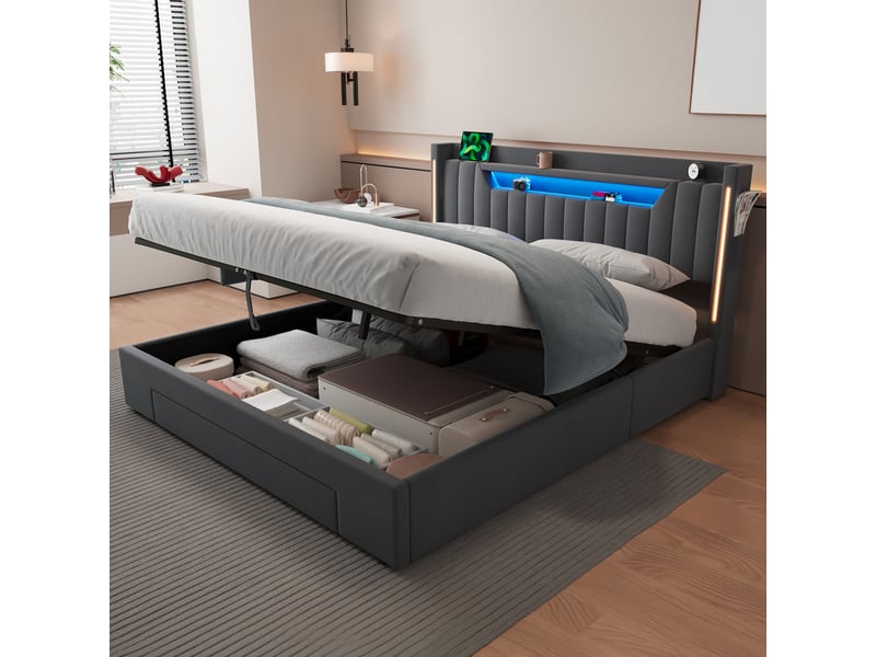  Lit coffre 2 places 160x200 cm avec led coloris gris foncé  - Conforama B