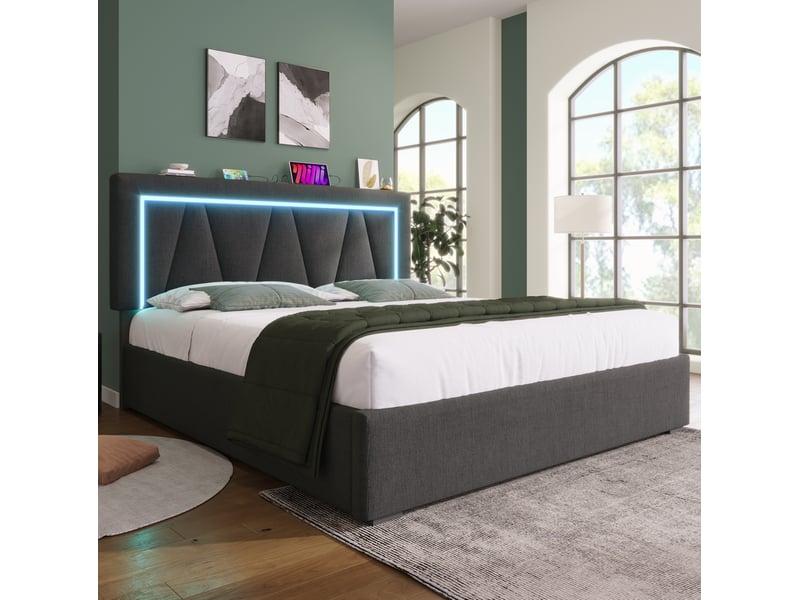  Lit coffre led 160x200 cm avec usb type c et éclairage led en lin gris avec matelas  - Conforama B