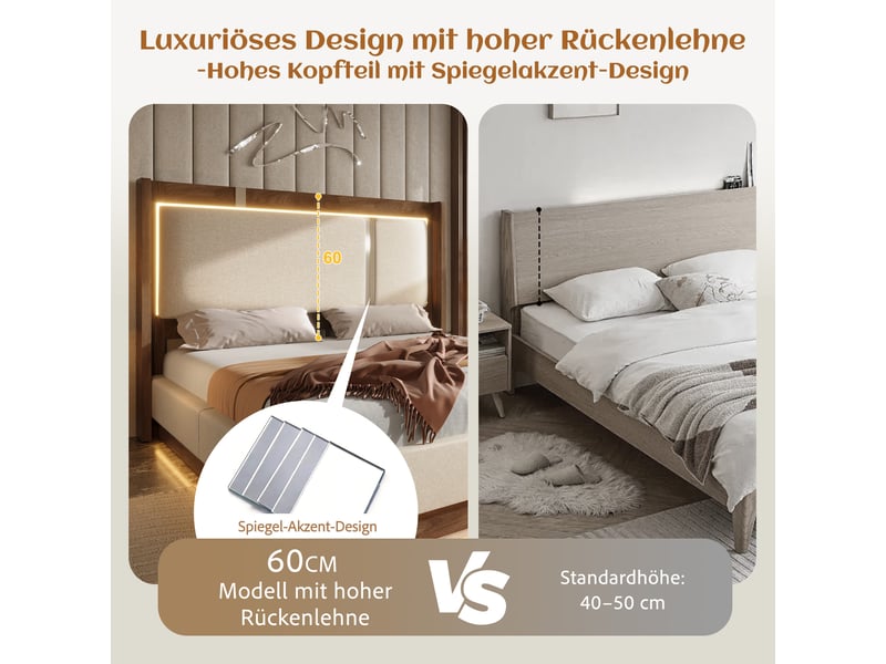  Lit coffre 90x200 cm, lit enfant, sommier à lattes, rangement hydraulique, led, lin beige, noyer  - Conforama W