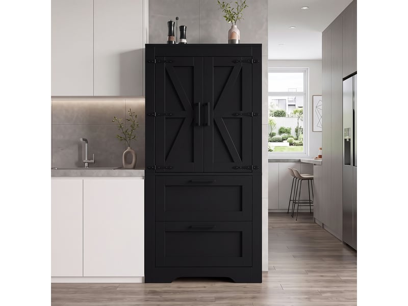  Meuble de cuisine muvano, buffet haut style campagne noir, 2 tiroirs, étagères réglables, 60 × 30 × 128 cm  - Conforama B