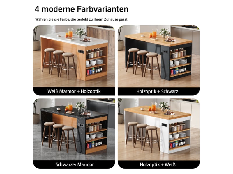 Îlot de cuisine 155x80x90 cm avec led et prises 2xac+2xusb, 3 tablettes ouvertes, mdf blanc - Conforama W