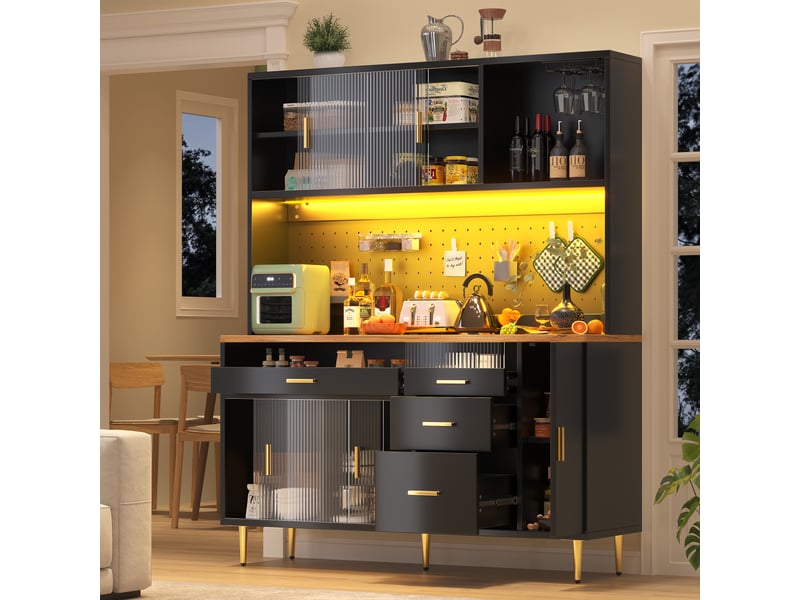  Buffet de cuisine 5 portes 4 tiroirs - 145 cm noir led mdf buffet de cuisine noir - Conforama E