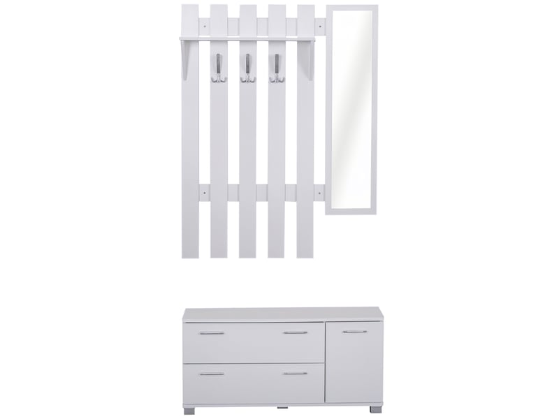  Ensemble d'entrée avec miroir, porte-manteau, étagère à chaussures, 3 crochets, étagère et 2 tiroirs, blanc  - Conforama A