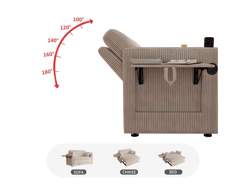 Canapé-lit convertible 3 en 1, 2 places, couchage 2 places, 145x130x85,5 cm, dossier réglable 5 positions, ports usb et type-c, velours côtelé blanc - Conforama E