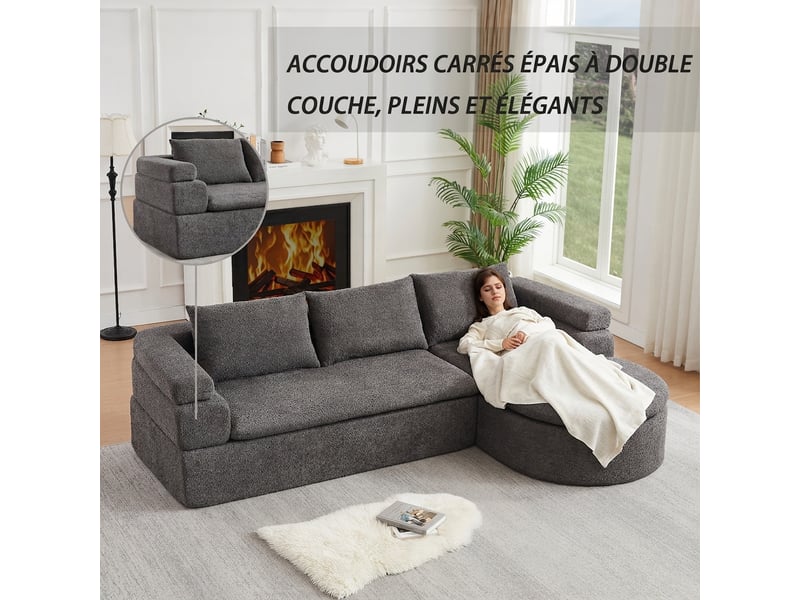  Canapé d'angle en l avec méridienne anthracite, chenille 3 places, accoudoir à niveaux  - Conforama W