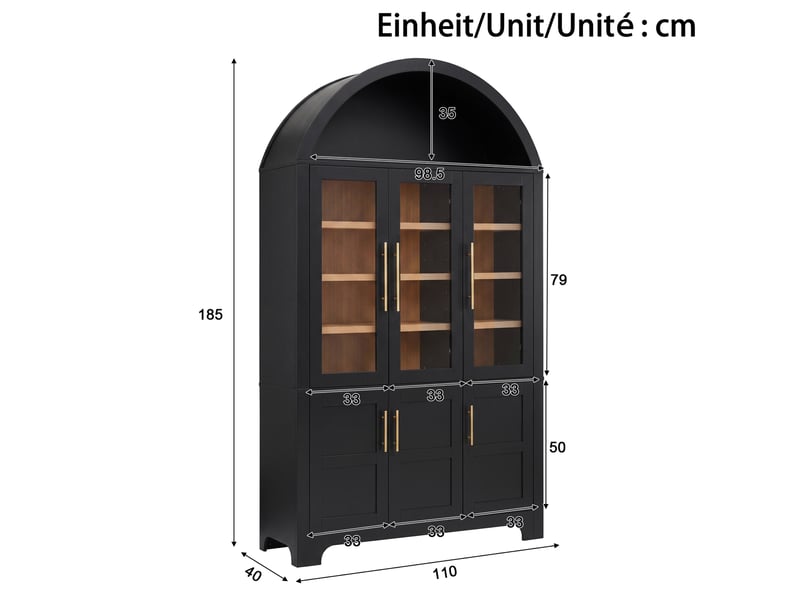 Buffet haut 110x40x185 cm avec niche ouverte et 3 portes vitrées, panneau de particules et mdf, noir - Conforama C