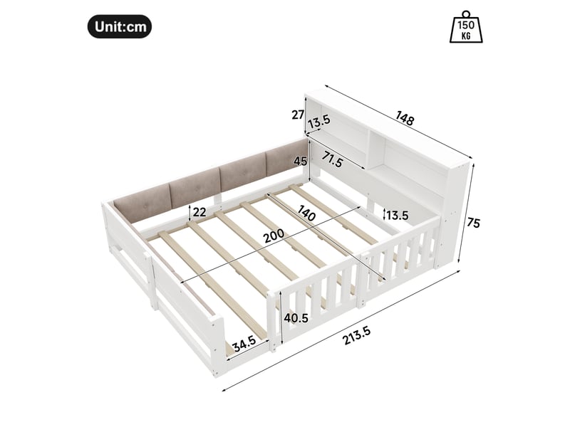  Lit enfant 140x200 cm avec barrières, côtés rembourrés, led, style minimaliste, blanc evarich - Conforama C
