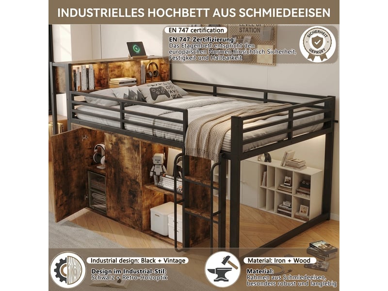  Lit mezzanine 120 x 200 cm avec armoire, étagères ouvertes, led, prise européenne et échelle intégrée, barrières de sécurité, métal, noir Morn Vibe - Conforama E