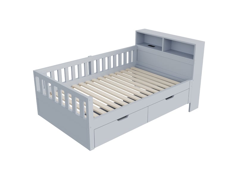  Lit enfant multifonctionnel 90x200 cm - lit simple avec rangement, 2 tiroirs, étagères, led et prises - gris  - Conforama R