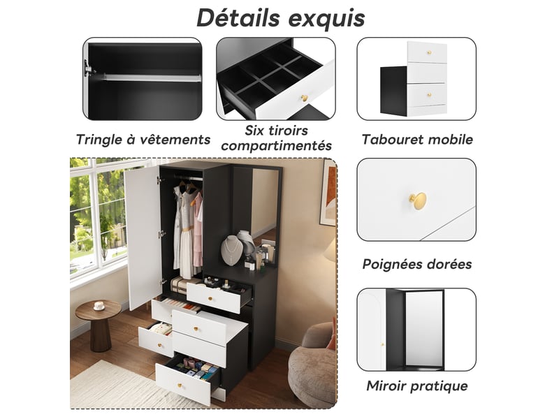 Armoire coiffeuse en mdf avec poignées en fer, miroir en pied, tabouret escamotable, tiroirs compartimentés - Conforama E