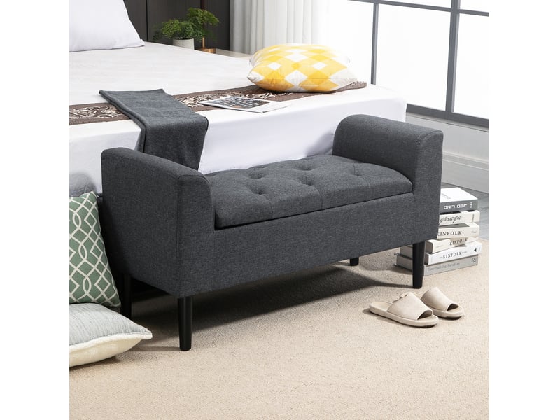  Banc de rangement tcqpz rembourré avec coffre 116 x 44 x 58 cm polyester aspect lin gris foncé  - Conforama B