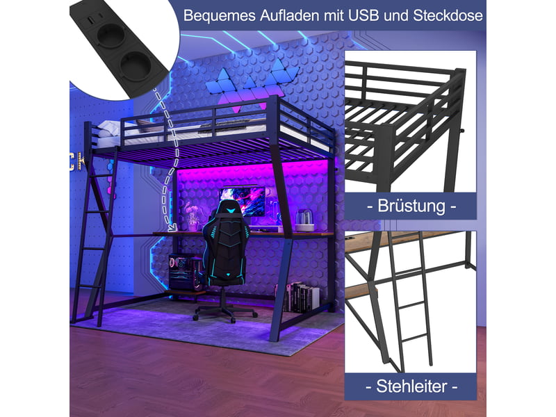  Lit mezzanine 200×140 cm avec bureau, éclairage led, prises et ports usb, sans matelas, en métal noir  - Conforama E