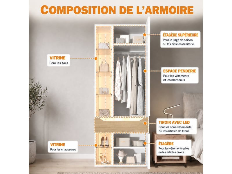  Armoire penderie blanche avec vitrine éclairée led, 1 tiroir, 75 × 50 × 200 cm  - Conforama D