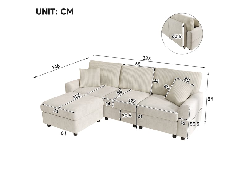  Canapé d'angle moderne 223x146x84 cm en chenille velours côtelé - repose-pieds 2 coussins ports usb type-c - beige BUYDEEMEUS - Conforama C