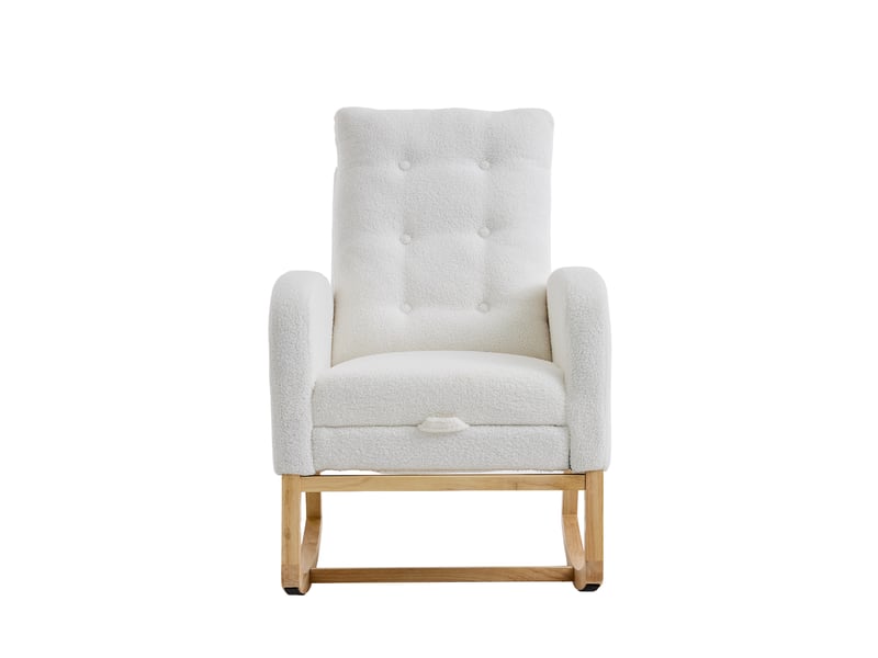 Fauteuil à bascule blanc en tissu bouclé avec port usb, repose-pieds réglable, poches latérales, 66,5x121,5x102 cm - Conforama A