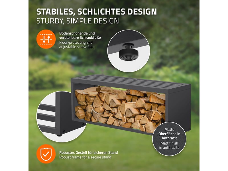  Ml-design range-bûches pour intérieur et extérieur avec banc, acier galvanisé, conception 2-en-1 motif sobre, rangement bois de chauffage, support d'empilage résistant aux intempéries, 120x38x43 cm ECD Germany GmbH - Conforama C