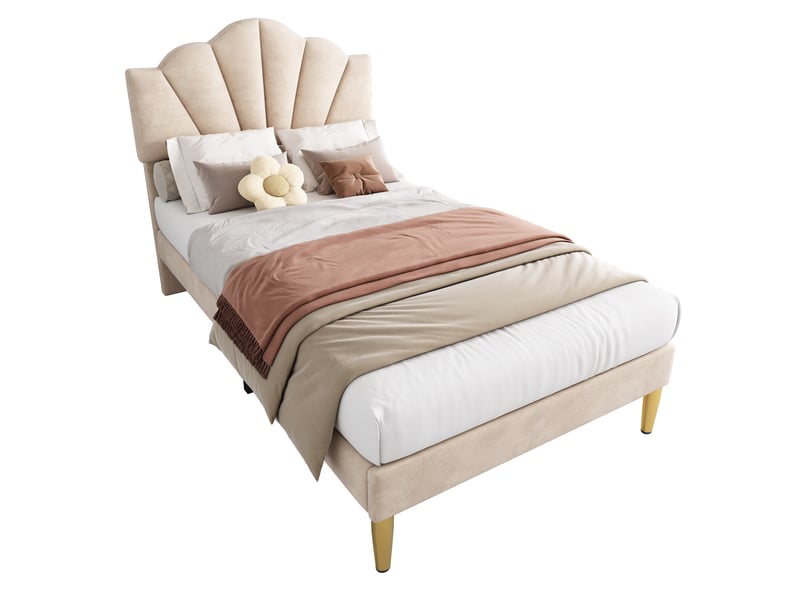  Lit rembourré 90 x 200 cm, tête de lit coquillage réglable en hauteur, sommier à lattes, pieds métal doré, velours beige evarich - Conforama A