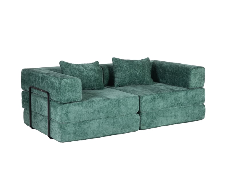  Canapé convertible au sol 2 places modulable avec fonction couchage sans montage en chenille vert foncé  - Conforama A