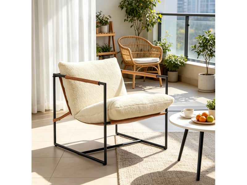 Fauteuil de salon avec grande assise rembourrée et structure en acier carbone, tissu bouclette crème 77 × 91 × 80 cm - Conforama B