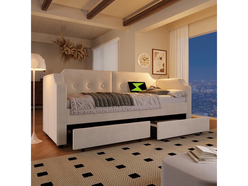 Lit en velours beige 90x200 cm - Conforama B