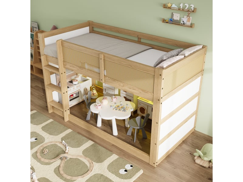 Lit mezzanine enfant en bois 90x200 cm avec led escalier,3 marches ,3 niches ,garde corps,rotin synthétique blanc+naturel BUBBLY - Conforama E