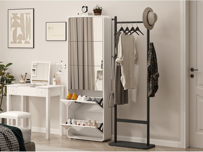 Meuble à chaussures l63.00 x p19.60 x h176.50 cm en bois et mdf avec miroir et 5 compartiments basculants blanc chicfurn - Conforama C