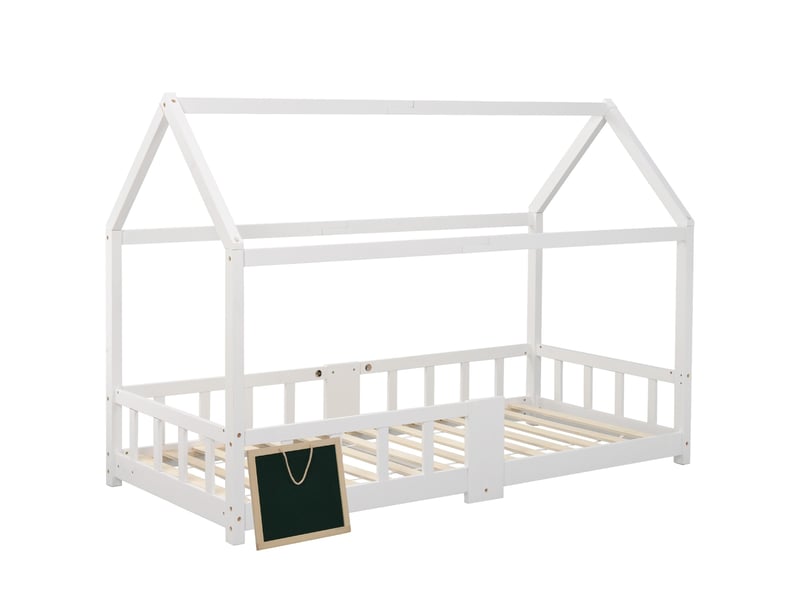  Lit cabane enfant 90 x 200 cm en pin massif avec tableau, barrières et sommier 15 lattes, blanc WF197916AAW - Conforama A