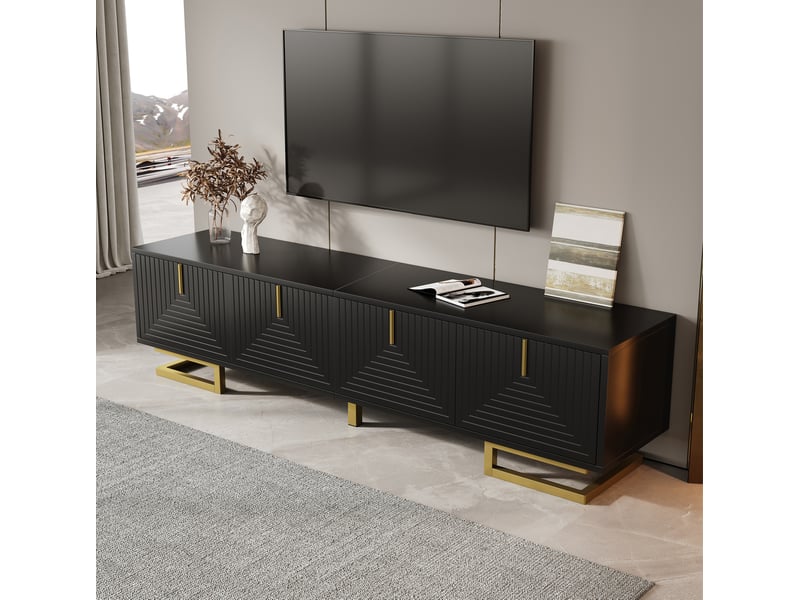  Meuble tv 160 cm noir à 4 portes texturées avec poignées et pieds dorés  - Conforama D