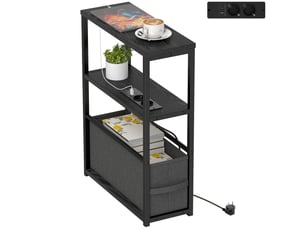 Bout de canapé avec multiprise intégrée tiroir tissu mdf et acier noir 45x18x60,2 cm