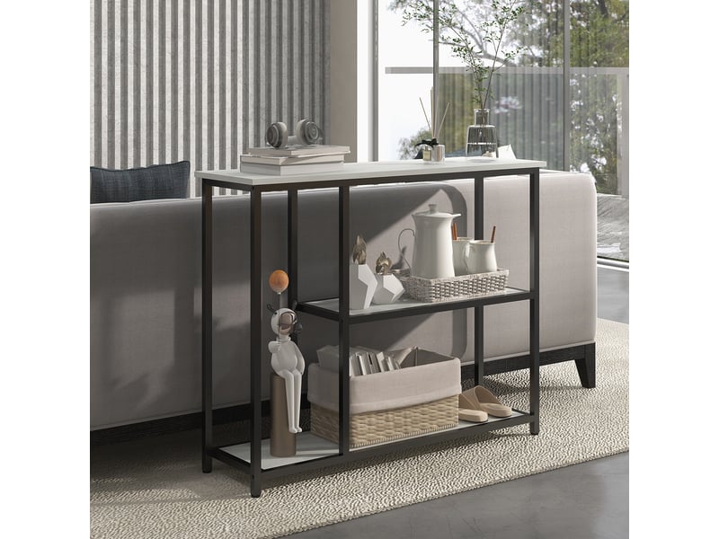  Console meuble 100 cm, table console 3 niveaux, plateaux en effet marbre, blanc, cadre en acier  - Conforama W