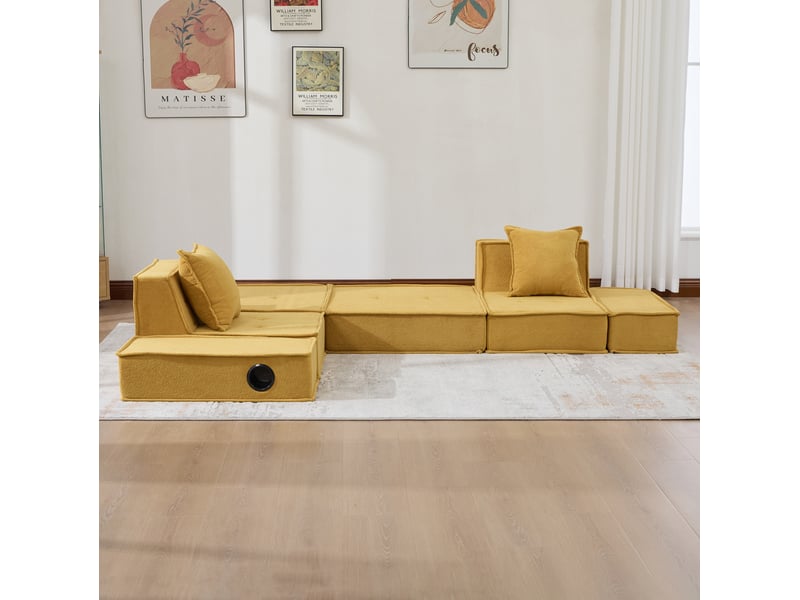  Canapé-lit modulaire ulevr 2 places convertible en chenille jaune moutarde, 162 x 78 x 66 cm, poches latérales et porte-gobelets  - Conforama E