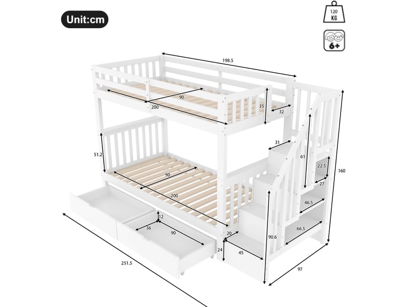  Lit superposé enfant 90x200 cm avec rangements et tiroirs blanc  - Conforama C