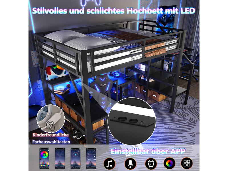  Lit mezzanine 140 x 200 cm sans matelas, structure métal, bureau, led, usb, escalier avec rangement, noir  - Conforama C