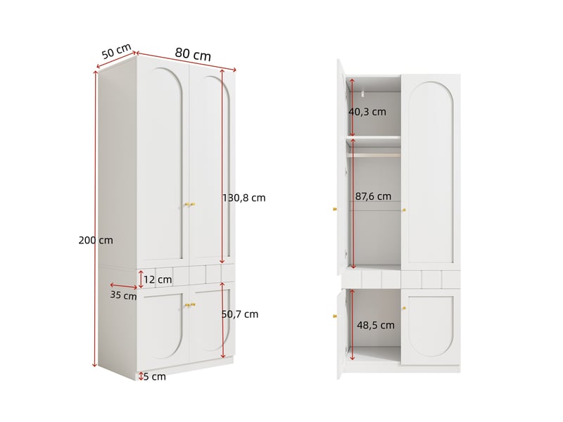  Armoire de rangement laquée avec tringle, 2 tiroirs et étagères fixes pour chambre en mdf blanc 80 × 50 × 200 cm  - Conforama C