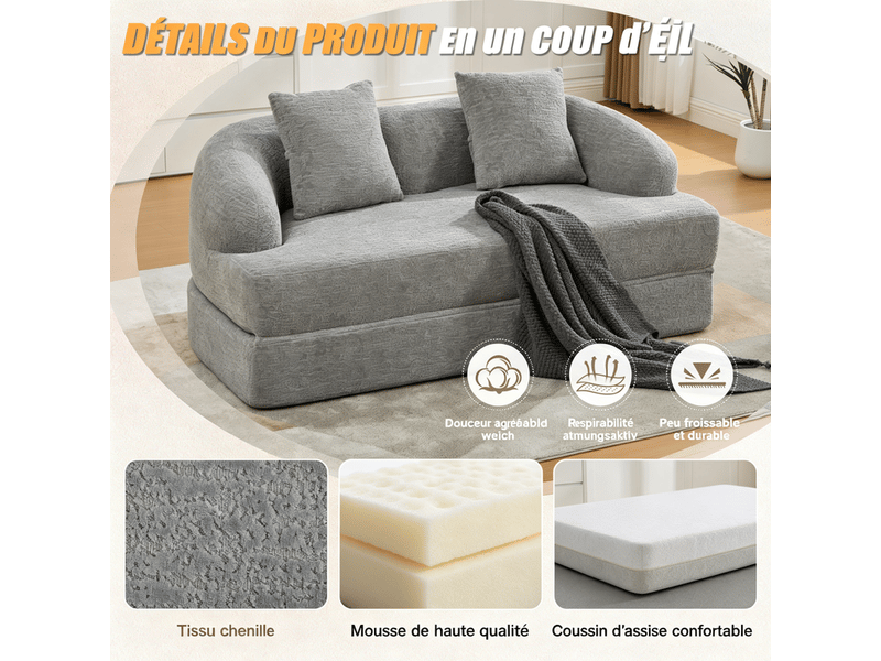 Canapé d'angle 2-en-1, 2 places, avec deux coussins, canapé-lit, 157 x 84 x 65 cm, gris - Conforama E