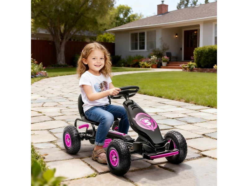  Karting à pédales pour enfants de 5 à 12 ans avec siège réglable, en métal et polypropylène, dimensions : 121 x 58 x 61 cm, rose et noir.  - Conforama C
