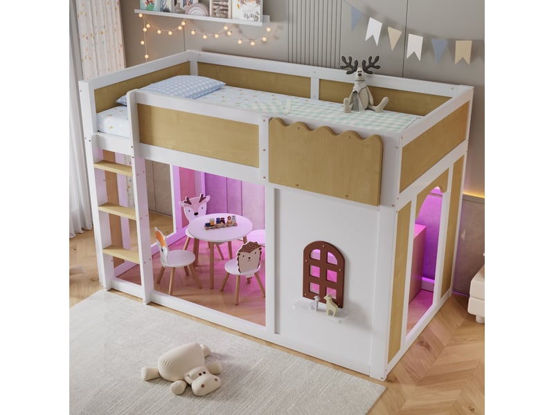  Lit mezzanine 90x200 cm, lit mi-haut enfant espace de jeu personnalisable, barrière ondulée, fenêtres, échelle, guirlande lumineuse, bois, blanc Bliss Lite - Conforama D