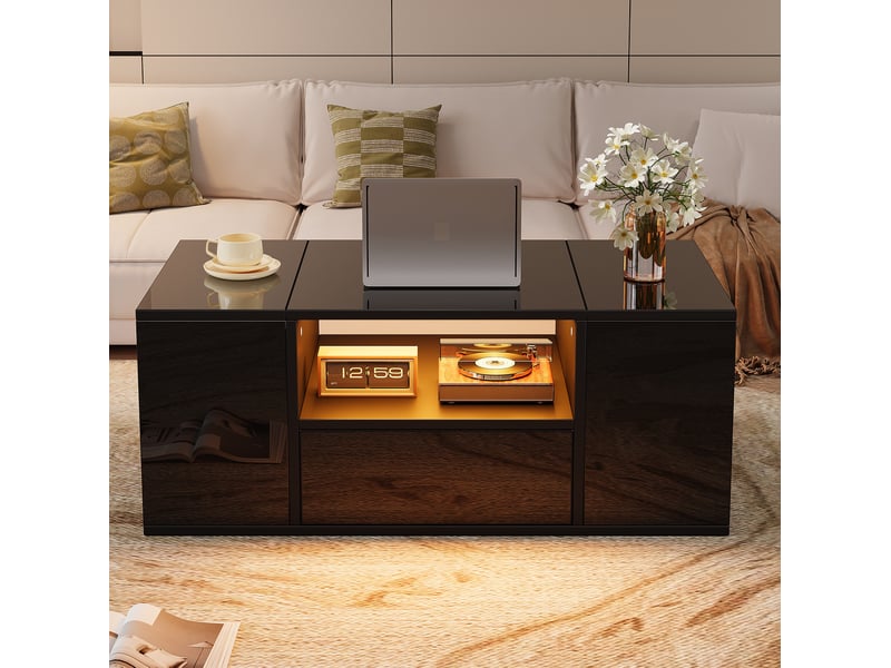  Table basse 100x50x40 cm avec éclairage led panneau de particules noir  - Conforama E