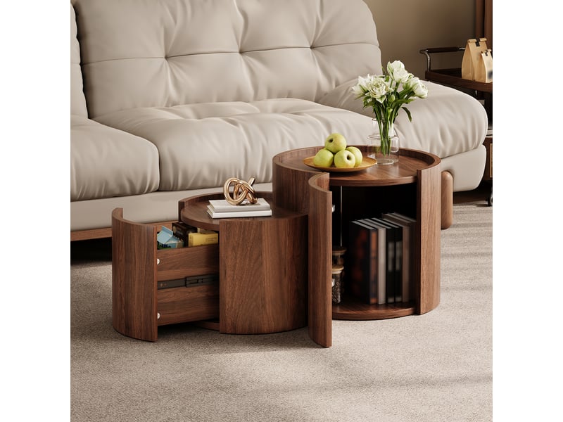  Table basse ronde avec rangement - tiroirs, portes cintrées - panneau de particules - salon  - Conforama D