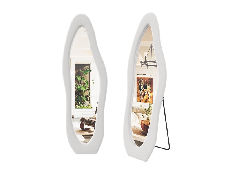  Miroir corps entier 160x50 cm, miroir sur pied ondulé asymétrique, avec pied u, pour chambre et dressing, cadre velours doux style scandinave, blanc  - Conforama A
